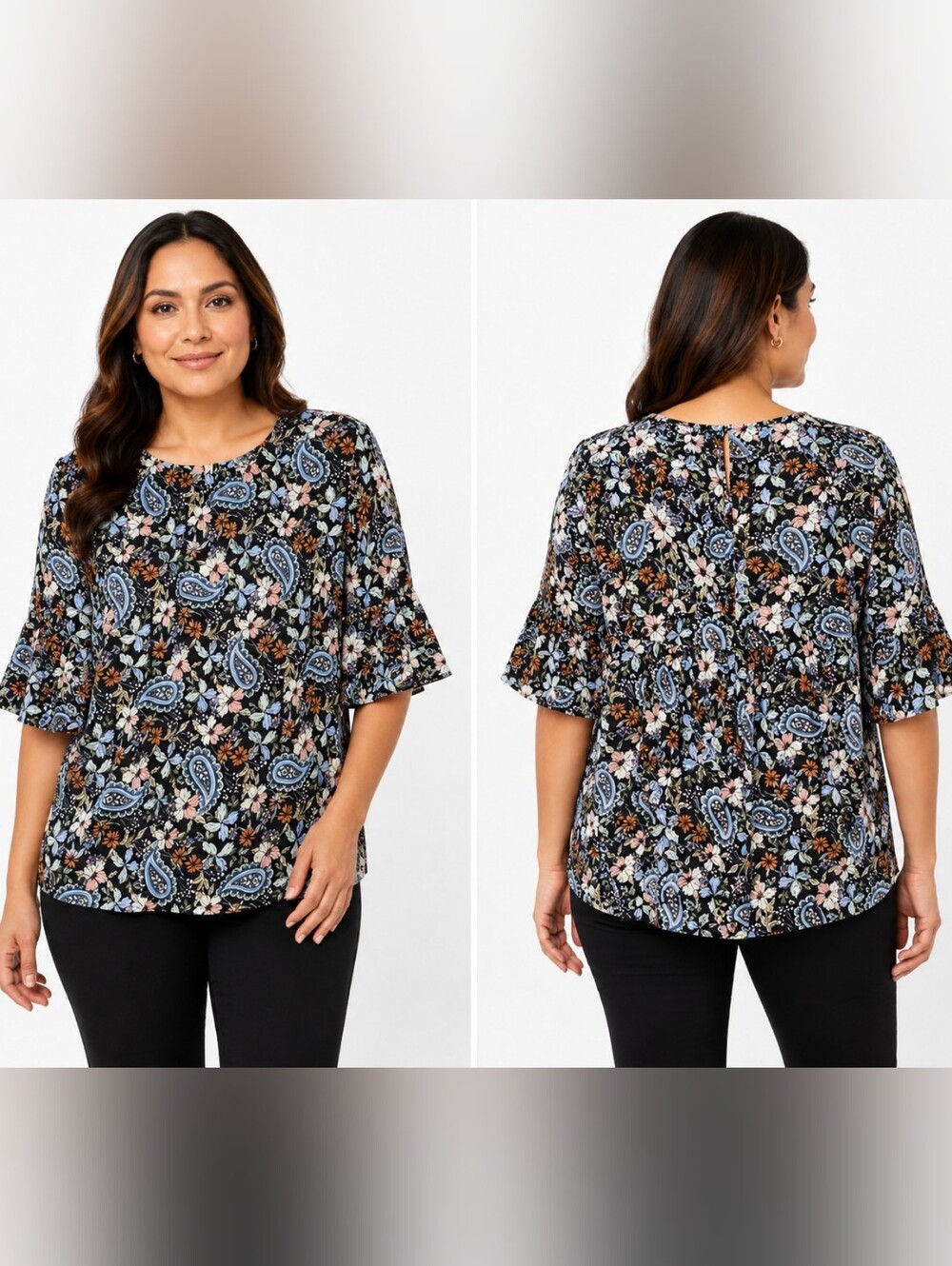 Premise Women's Large Floral Paisley Blouse Black Short Flutter Sleeve Top Size